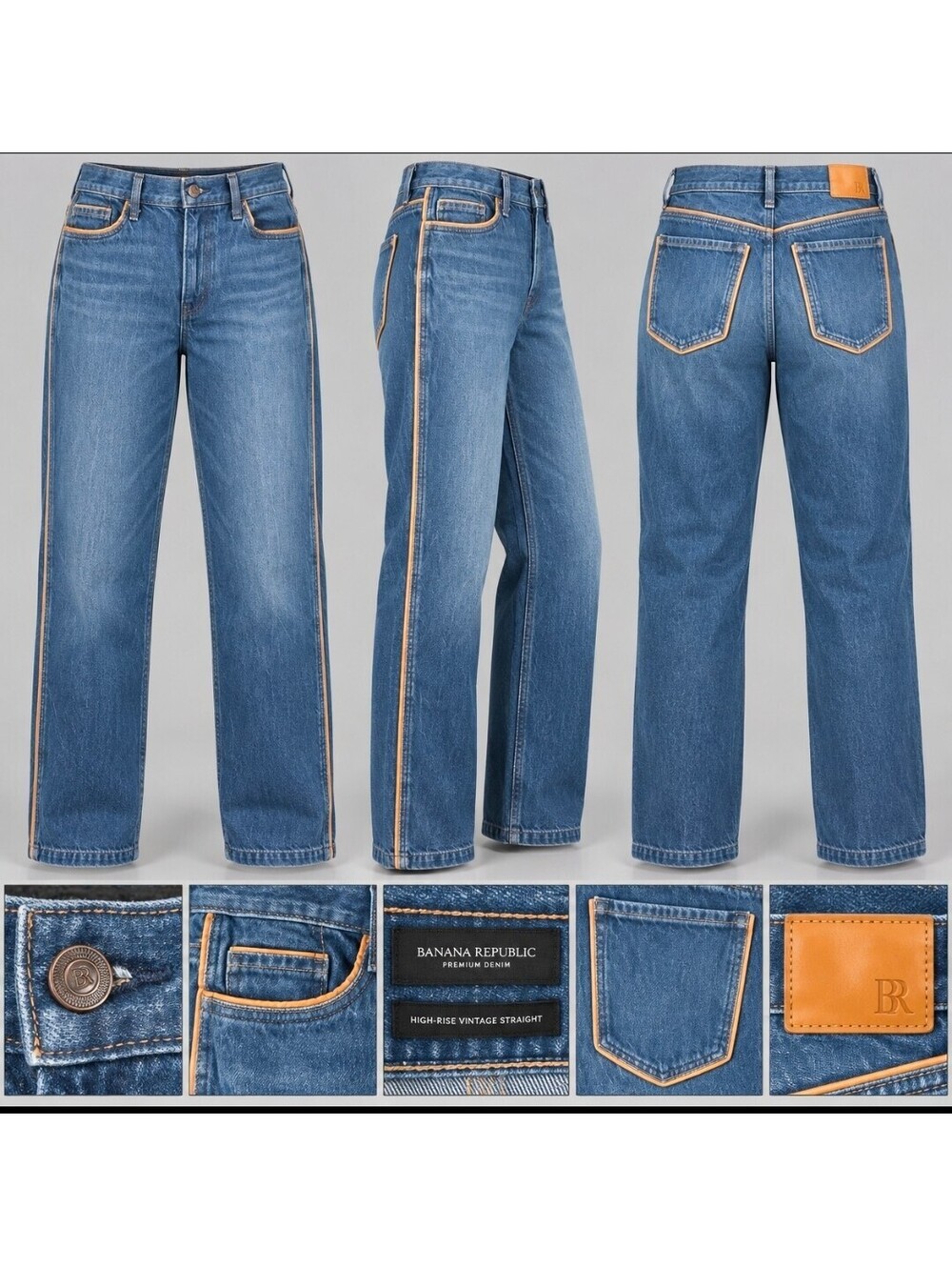 Banana Republic High-Rise Vintage Straight Jeans Size 31 Dark Wash Tan Trim